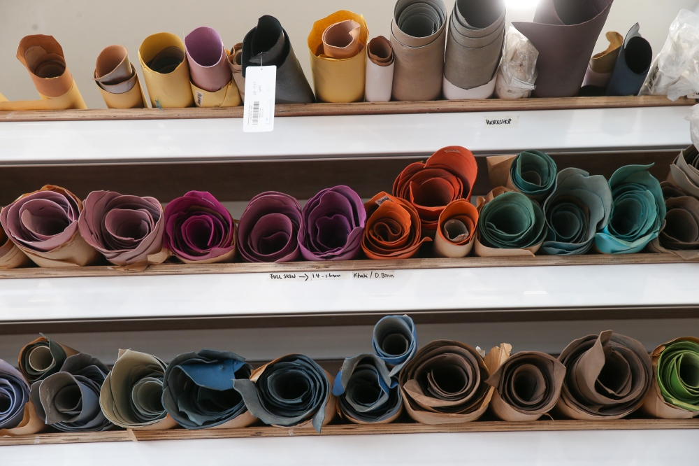 What colour do you want for your leather? You will be spoilt for choice at Kelang Leather, which has been visited by tourists specifically to buy leather supplied by French tannery Alran. — Picture by Choo Choy May