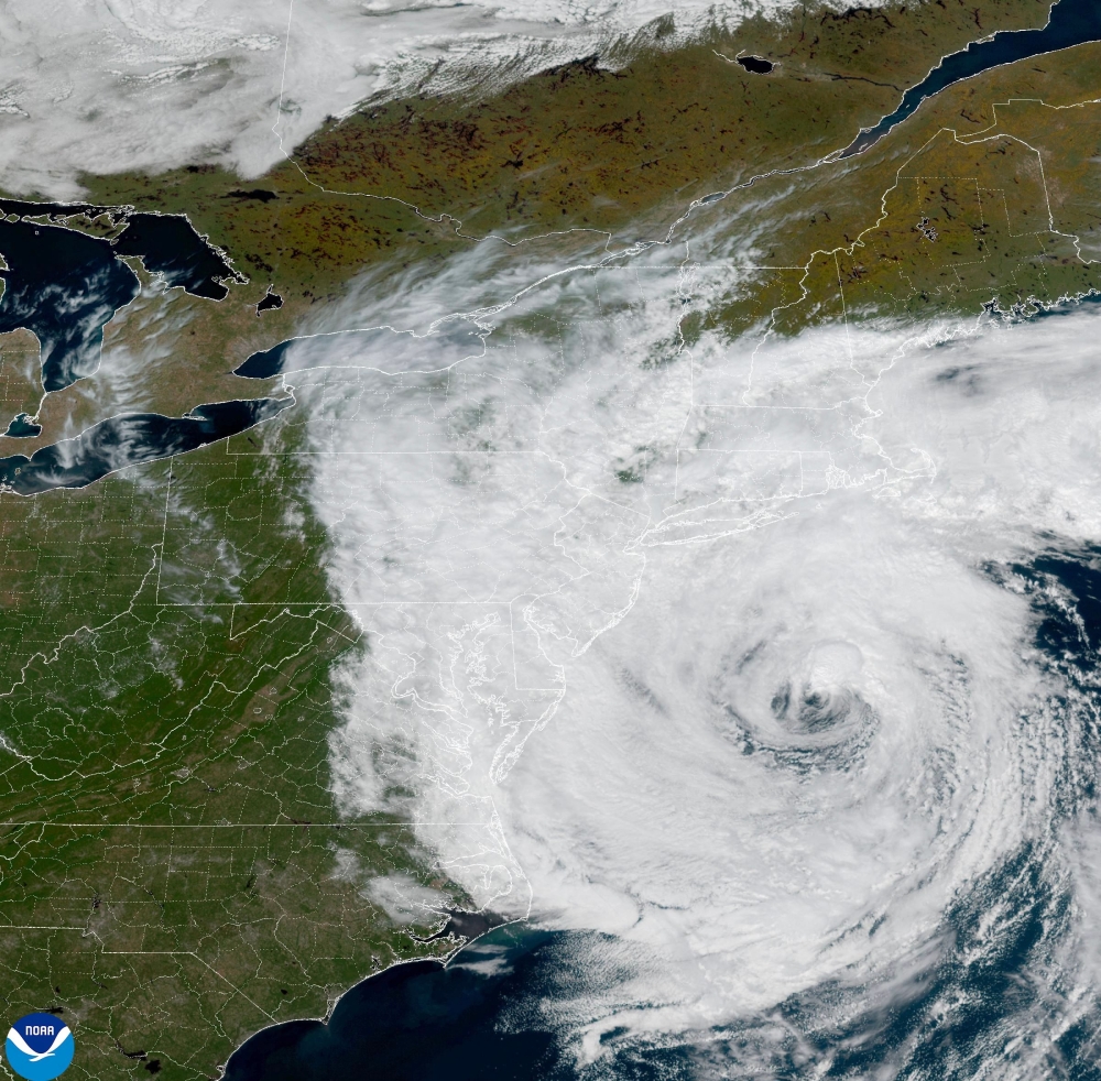 This handout satellite image provided by the National Oceanic and Atmospheric Administration (NOAA) shows a pwerful storm above the US northeast on September 26, 2026. — AFP pic
