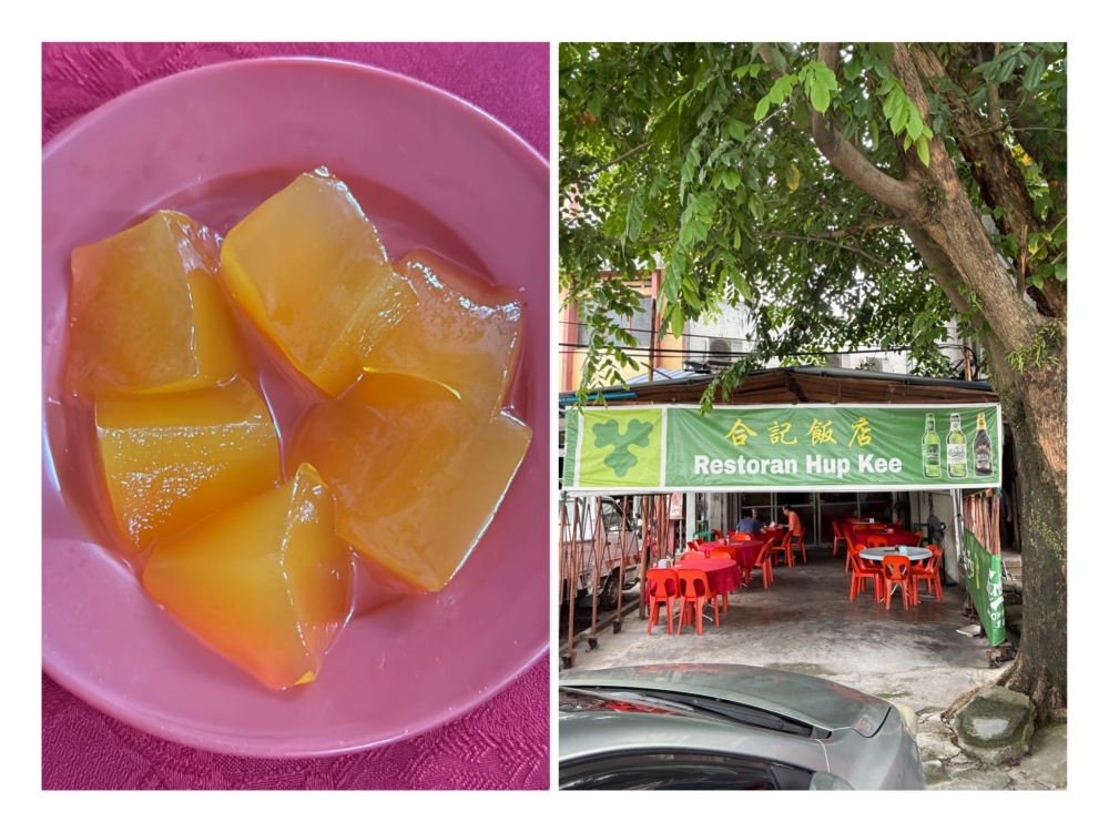 Who needs sorbet to cleanse your palate when you get a complimentary plate of wobbly jelly (left). Hidden slightly away from the main road, you can find the restaurant by its green banner (right). — Pictures by Lee Khang Yi