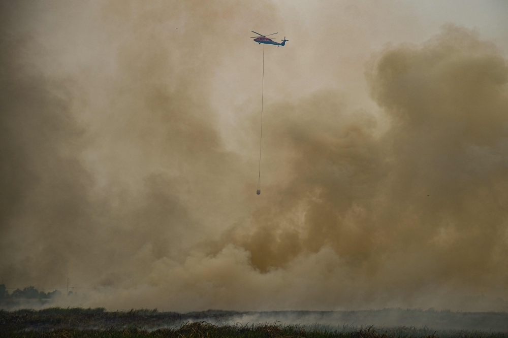 A specialised water-bombing helicopter hovers above a dense extensive layer of smoke in Ogan Ilir, South Sumatra province on September 25, 2026. — AFP pic