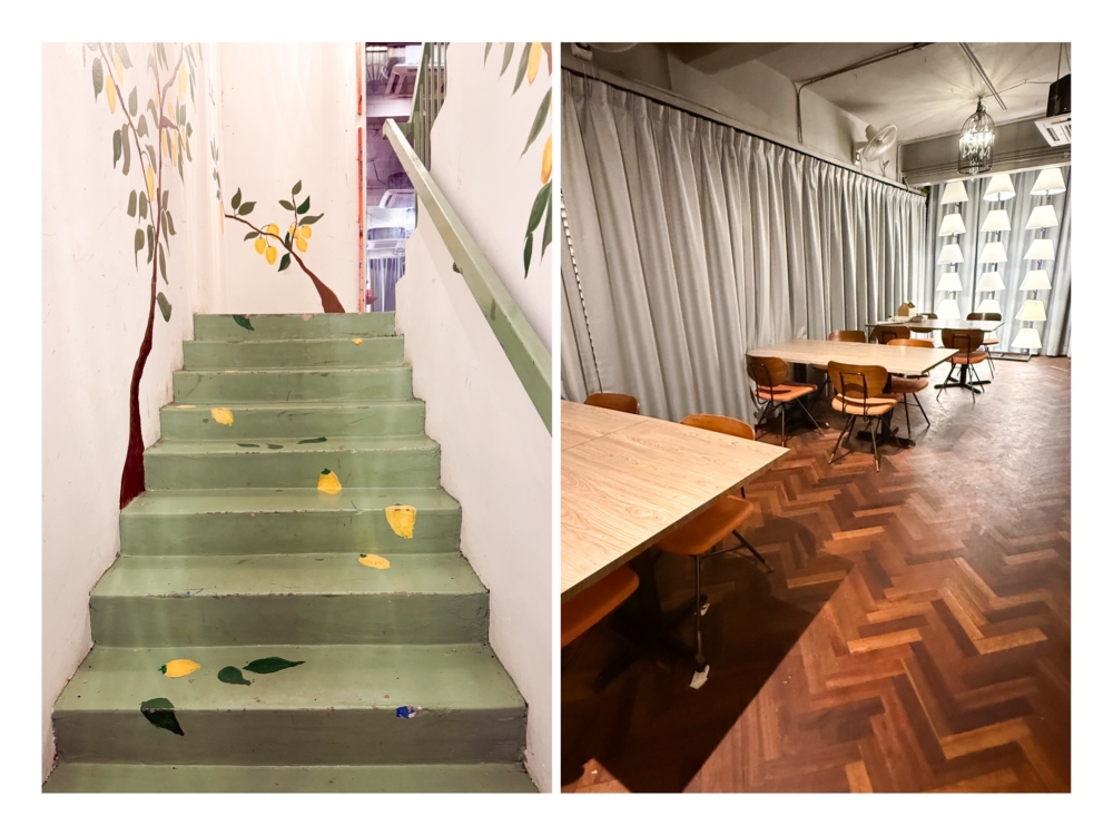 Decor like the painted mural decorating the stairwell (left) and the tables plus chairs (right) seem to be inherited from the previous occupant. — Pictures by Lee Khang Yi