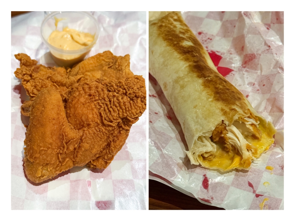 Fried chicken (left) has a crispy crust, moist meat with little oil residue that pairs well with a honey mustard sauce. Crispy Chicken Wrap (right) makes your meal-to-go better because it isn’t too messy. — Pictures by Lee Khang Yi