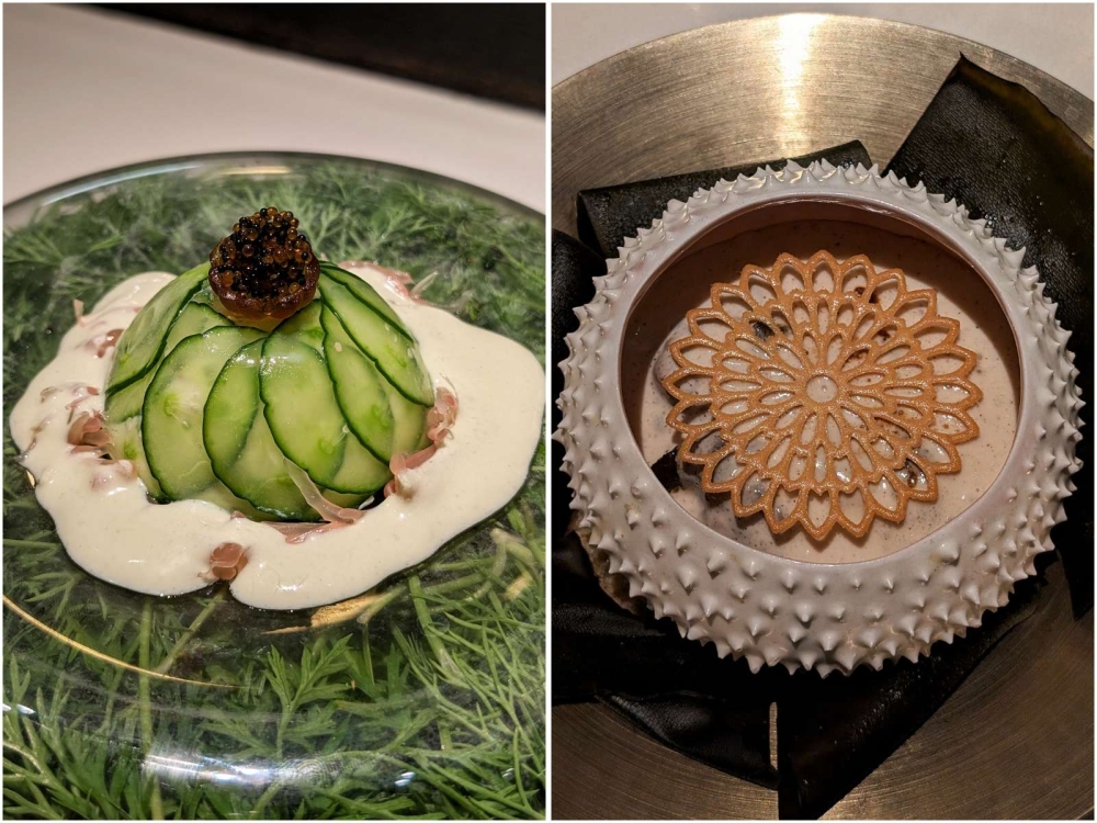 Blue crab, pomelo and kingfish roe with a cucumber salad (left). Like ‘chawanmushi’ on steroids, salt fish and raw mango custard with paddy snails (right). — Pictures by Ethan Lau