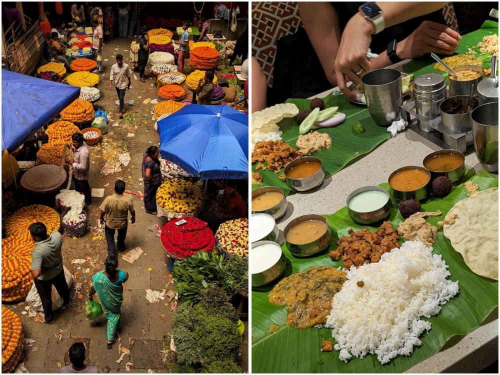 The basement of K.R. Market in the old city is home to one of Asia’s largest flower markets (left). Andhra ‘bhojanam’, or banana leaf meals, are a staple in Bengaluru, with chains like Nagarjuna becoming popular since arriving in 1984 (right). — Pictures by Ethan Lau