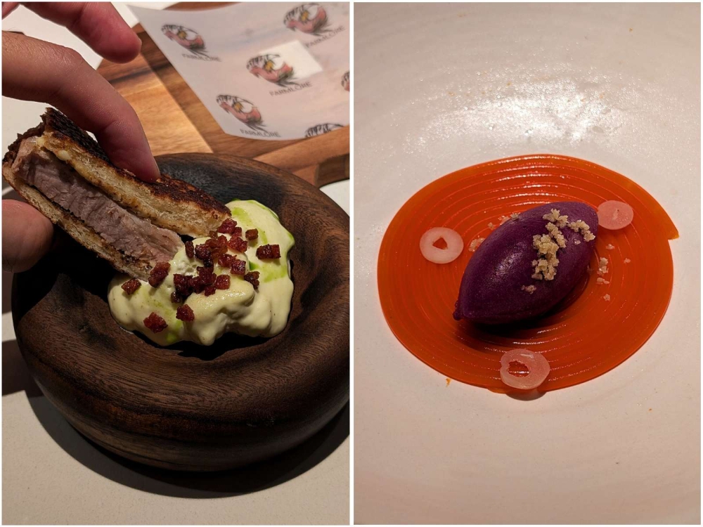 The pork ‘pandi’ curry ‘sando’ with mustard and purple cabbage (left). Dessert was a ‘jamun’ sorbet with a chilli gel “noodle” and salt. (right) — Pictures by Ethan Lau