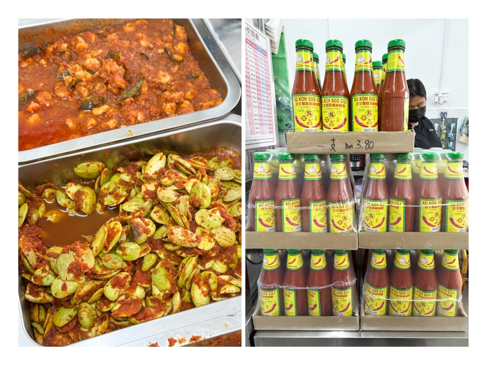 Baby prawns and ‘petai’ (left) are the best combinations for your ‘nasi lemak’ packet. You know you have walked into the right place as they sell the famous Sitiawan Kampung Koh chilli sauce (right). — Pictures by Lee Khang Yi