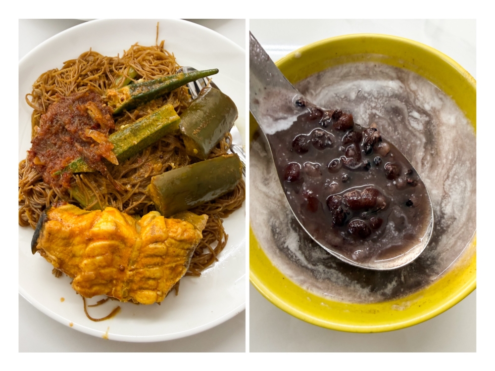 Economy fried ‘beehoon’ combined with stingray fish curry (left). Make sure you get a piping hot bowl of ‘tong sui’ (right) with red beans and black glutinous rice laced with ‘santan’. — Pictures by Lee Khang Yi