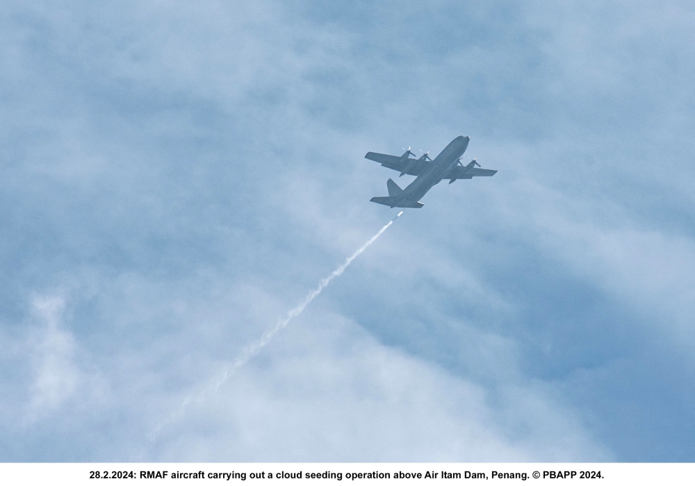 Cloud seeding operations are seen over the Air Itam Dam water catchment area in this February 28, 2024 image. — Picture courtesy of PBAPP