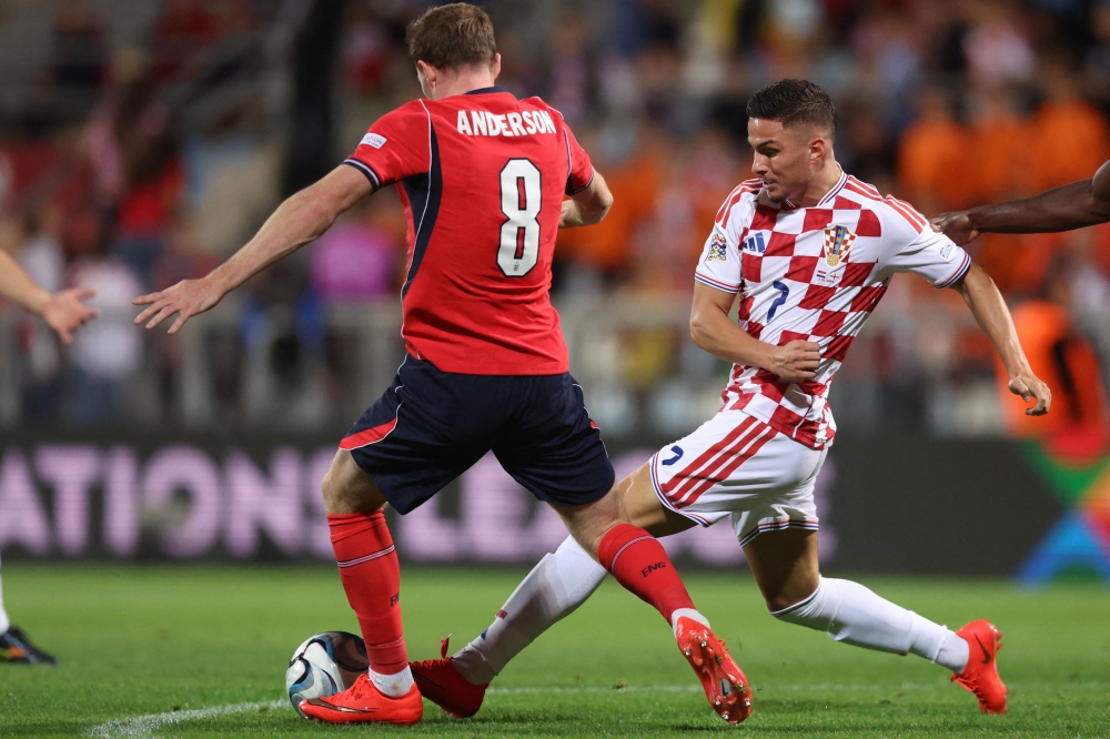 Croatia’s forward #7 Franjo Ivanovic (right) vies for the ball  during the Uefa Nations League, league A day 3: Group 3, football match between Croatia and England at the Stadion HNK Rijeka stadium in Rijeka, Croatia, on October 3, 2026. — AFP pic