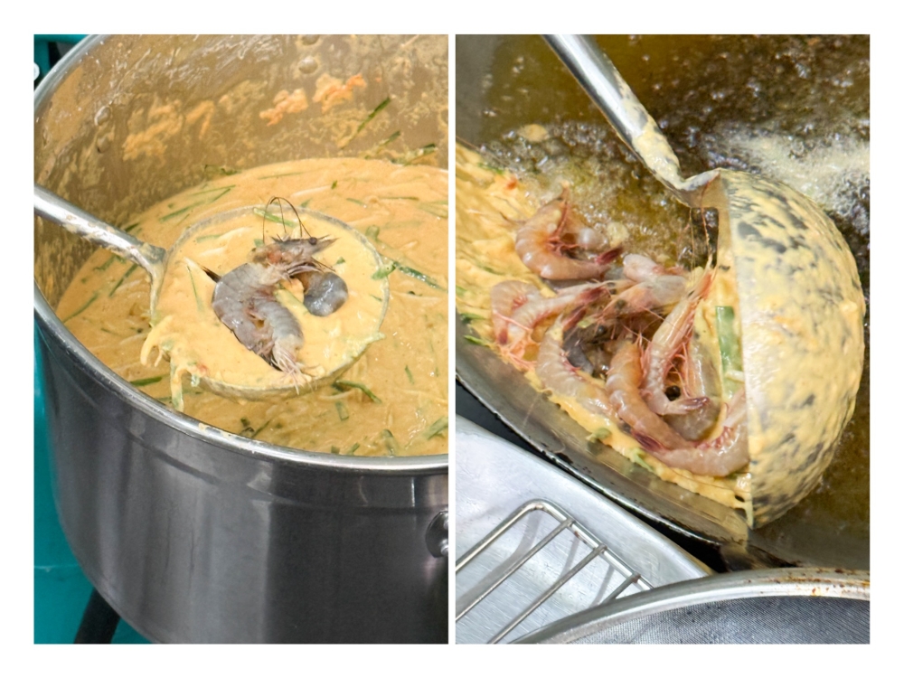 Cucur Udang is done differently here, starting with a ladle of batter (left) dotted with shreds of cucumber and yam bean that is topped with fresh prawns, which is then poured into hot oil (right) at the edge of the hot wok. — Picture by Lee Khang Yi  