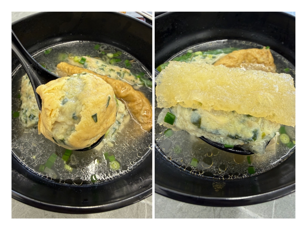 Tofu puffs (left) are plump with the filling. Pig skin and the paste (right) are eaten like a sandwich. — Picture by Lee Khang Yi