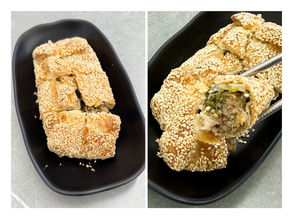 Signature Pepper Bun (left) is dotted with toasted sesame seeds and filled with meat seasoned with pepper (right) and chopped scallions. — Picture by Lee Khang Yi