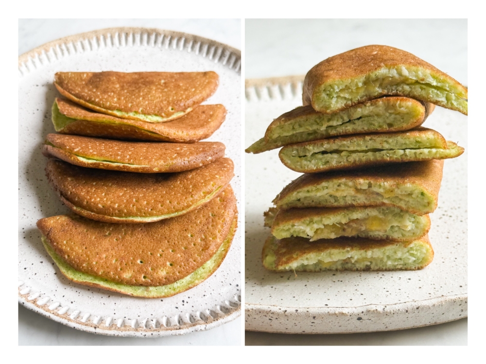 Apom Pancake Pandan Flavour has a light green colour because fresh pandan juice is used, and it pairs with grated coconut inside the coconut milk batter. — Picture by Lee Khang Yi