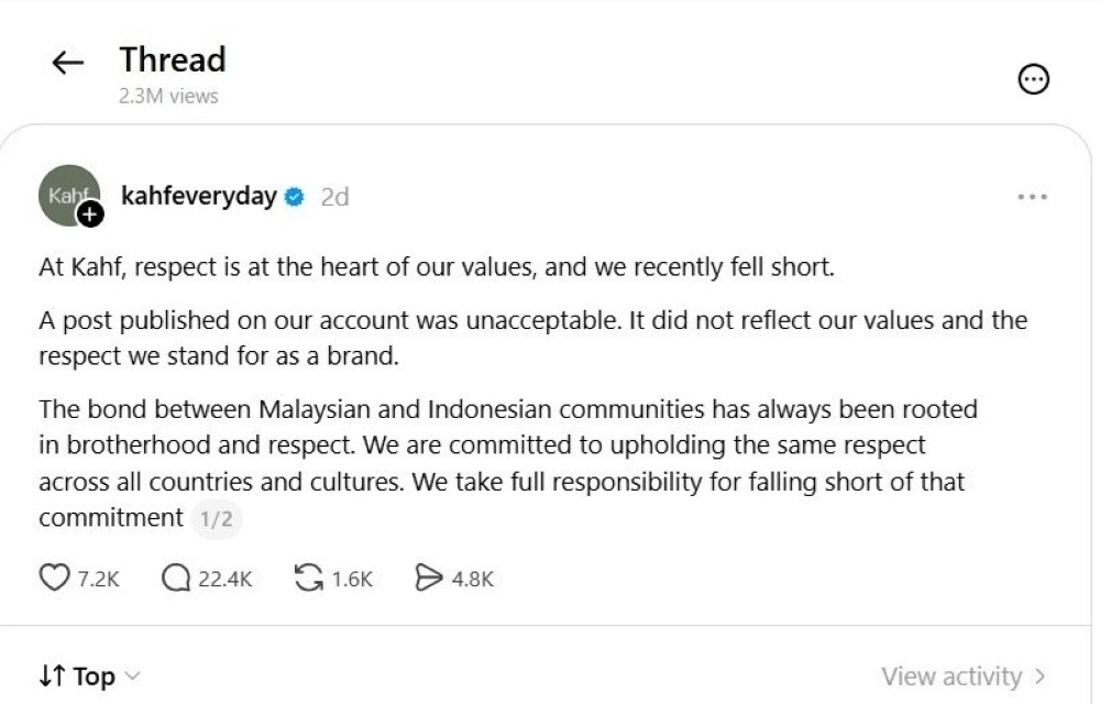 Indonesian men’s grooming brand Kahf apologised on Threads after its football-themed post sparked criticism, acknowledging that the content was inappropriate and did not reflect the brand’s values of respect. — Picture via Threads/kahfeveryday