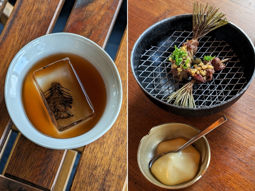 A cocktail made from trout bones (left). ‘Tujj’ is a popular Kashmiri grilled skewer. At NAAR, lamb rump is brined, then glazed and grilled and served with an onion emulsion (right). — Photos by Ethan Lau