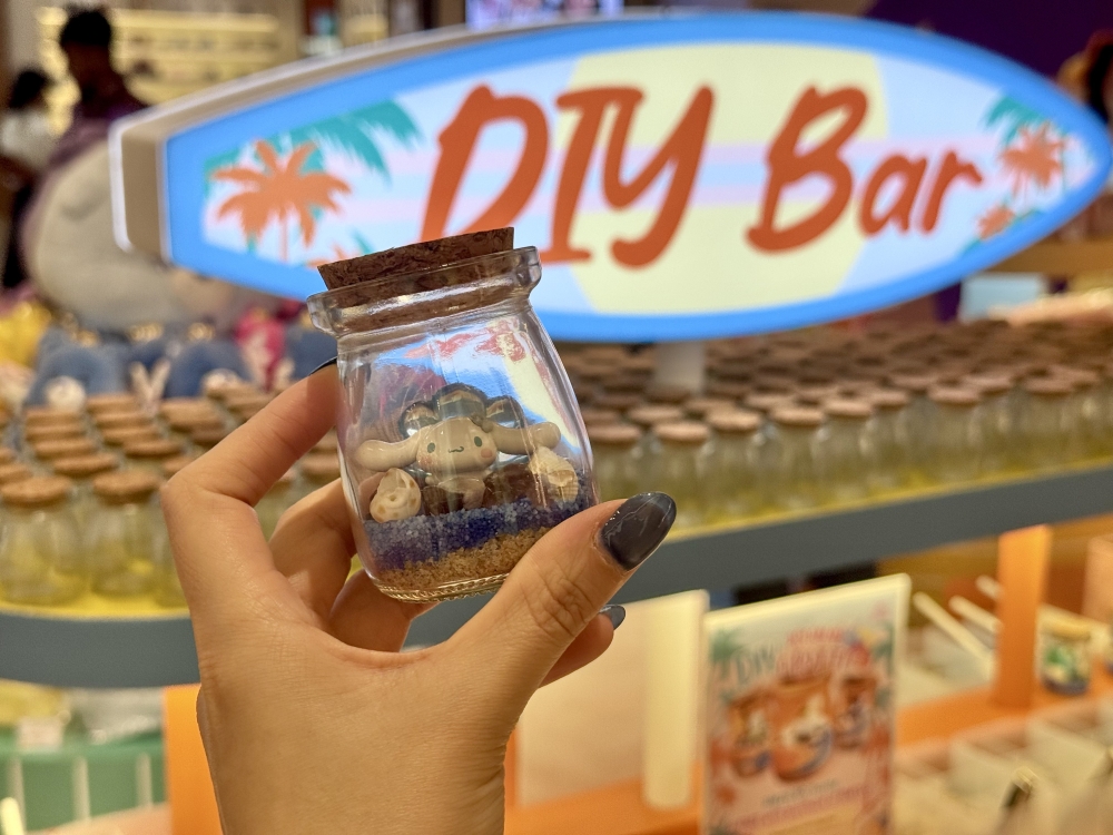 A miniature Cinnamoroll figurine displayed inside a personalised decorative bottle, one of the creations available at Play Nation’s DIY Bar. — Picture courtesy of Play Nation