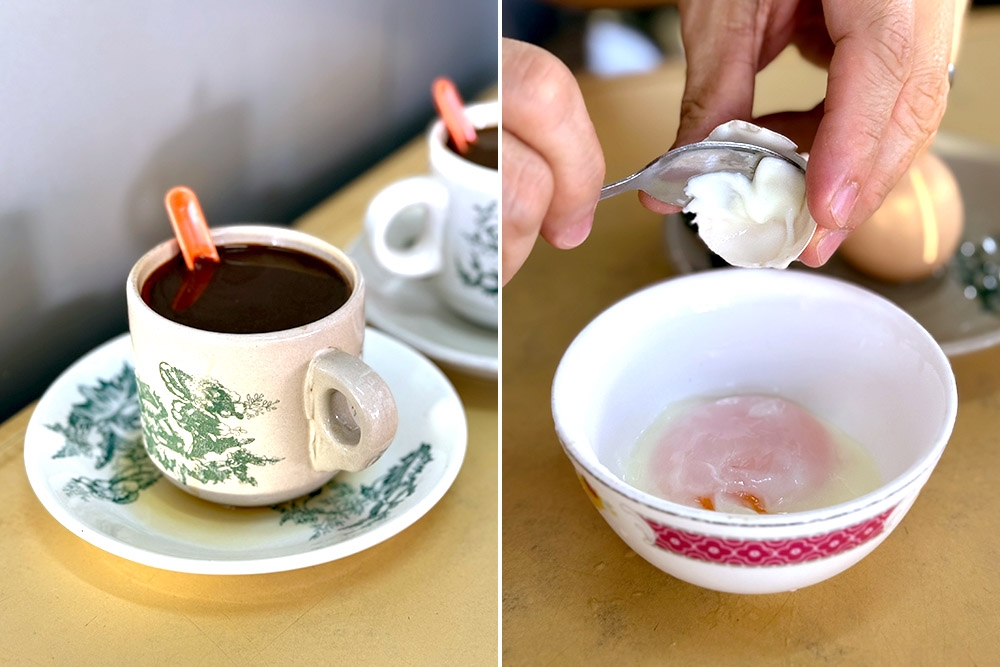 ‘Kopi’ and half boiled eggs.— Picture by CK Lim