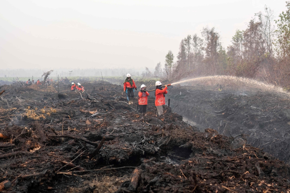 A member of the all-women volunteer firefighting team The Power of Mama (TPoM) surveys smouldering peatland in Benipis, Ketapang Regency, West Kalimantan, Indonesia, on September 26, 2026. — AFP pic