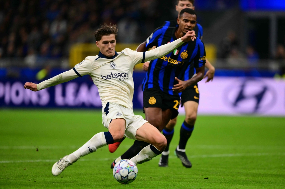 Club Brugge’s Freddie Potts kicks the ball during their Champions League match against Inter Milan at the San Siro stadium in Milan on October 13, 2026. — AFP pic