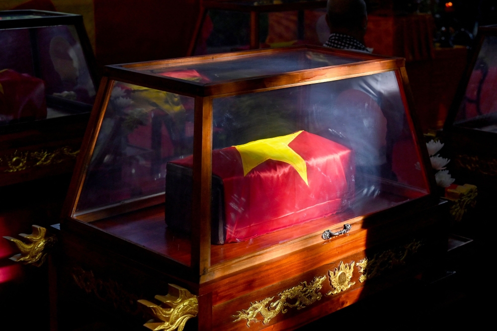 A casket bearing the remains of fallen soldier is seen at Le Thi Rieng Park in Ho Chi Minh City October 14, 2026. — AFP pic