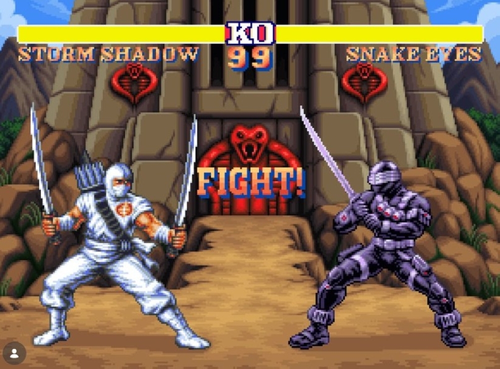 Snake Eyes and Storm Shadow from G.I. Joe clash in a pixel art scene inspired by Street Fighter. — Picture via Instagram/streetfightermovie