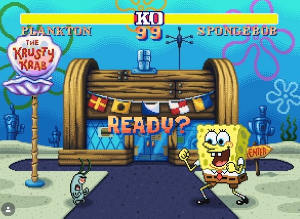 SpongeBob and his nemesis Plankton go head‑to‑head in a pixel art scene inspired by Street Fighter arcade games. — Picture via Instagram/streetfightermovie
