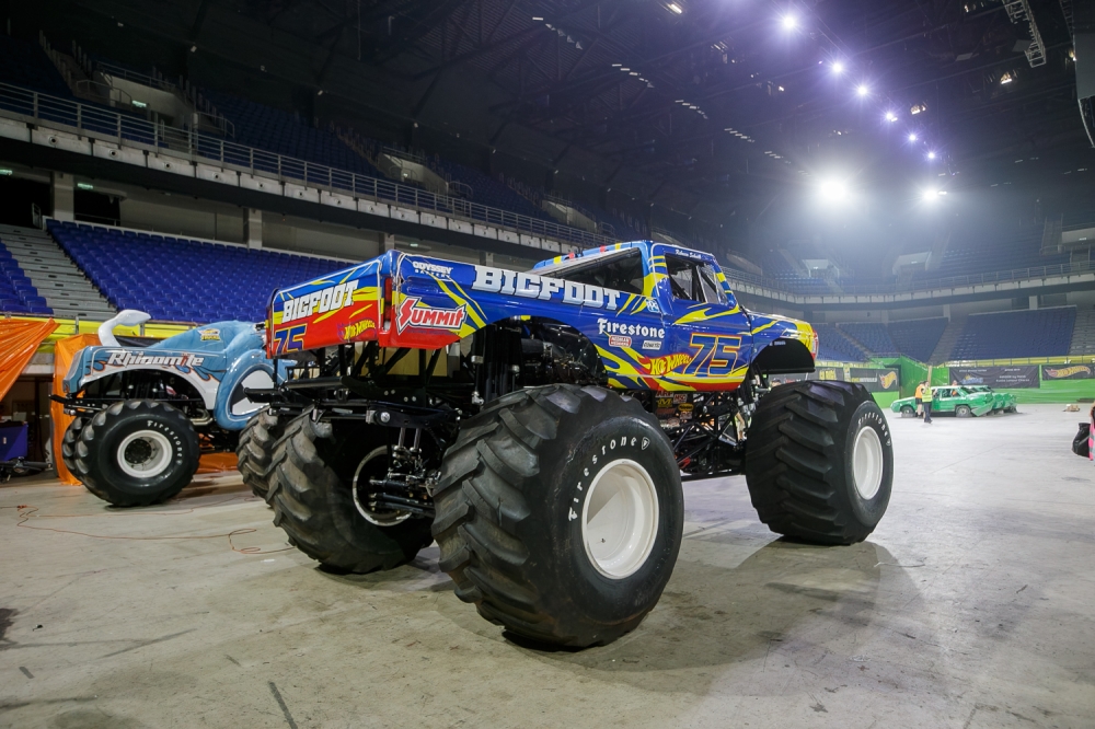 Bigfoot and Rhinomite on display before the Hot Wheels Monster Trucks Live Glow-N-Fire show begins October 16. — Picture by Raymond Manuel 