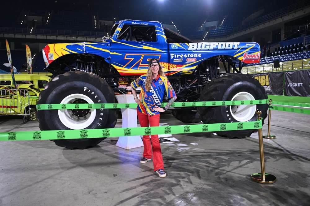 Rebecca Schnell in front of the Bigfoot monster truck she drove during the Hot Wheels Monster Trucks Live Glow-N-Fire Malaysia show. — Picture courtesy of MUSE Group Asia