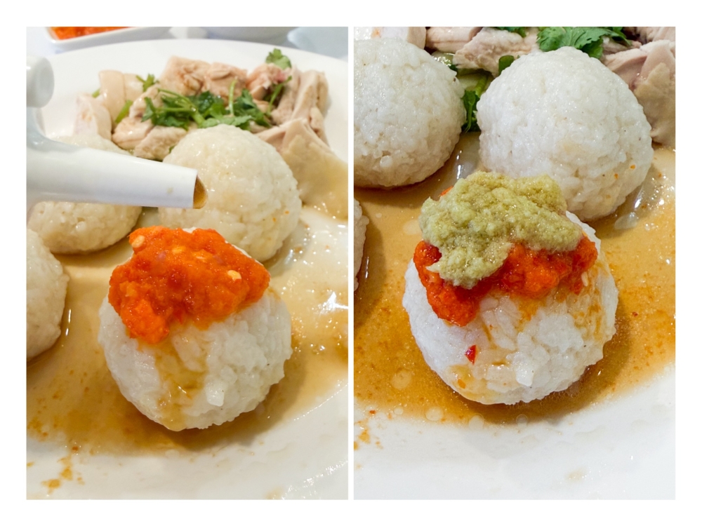 Do not smash down the rice ball, eat by topping it with chilli sauce followed by the blended soy sauce (left). For a final touch, add the ginger paste (right) on top before popping it in your mouth. — Picture by Lee Khang Yi