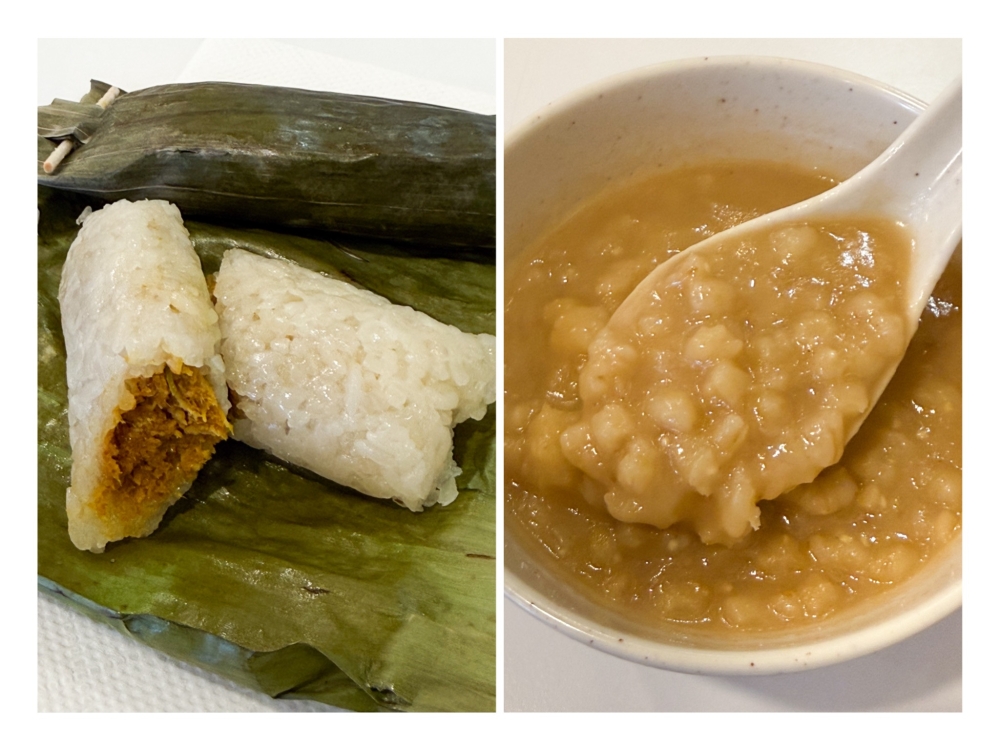 Pulut Panggang (left) features fragrant dried prawns and coconut filling. On certain days (right) there is ‘tong sui’ like ‘mak chuk’ made with wheat pearls to end your meal here. — Picture by Lee Khang Yi