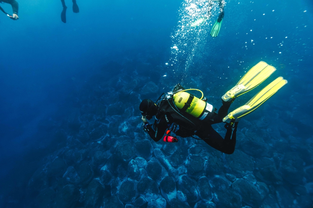 A diver wearing a yellow tank and yellow fins swims above a rocky seabed off the coast of Madeira on October 11, 2026 during the ‘Madeira Ocean’ scientific expedition. — AFP pic 