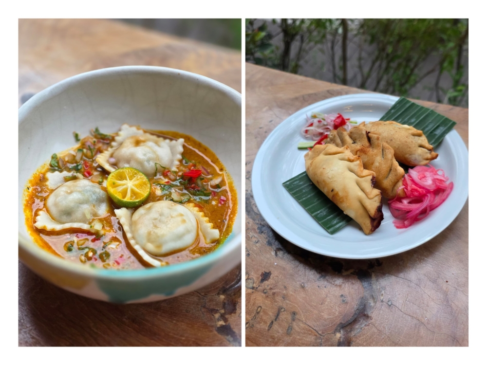 Laksa Lemak Prawn Ravioli (left) uses a 'jiaozi' wrapper to encase prawns in a rich laksa broth. Sweet & Sticky Beef 'Epok-Epok' (right) is a crispy vessel for a filling of Daging Masak Hitam Sarawak that uses raisins. — Pictures by Ryonn Leong