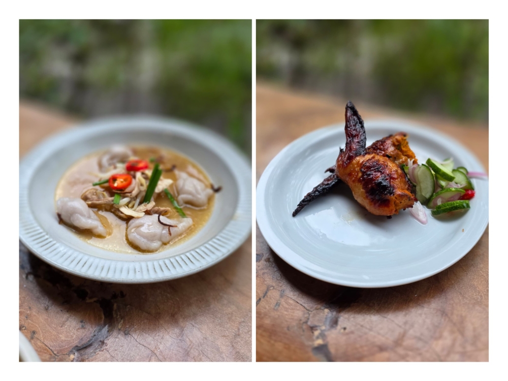 Ipoh Mali Chicken Gnocchi (left) reimagines 'kai si hor fun' with mini chicken-shaped taro dumplings. Teba-Gyoza (right) isn't your ordinary grilled chicken wing as it's stuffed with Thai 'haw mok'. — Pictures by Ryonn Leong 