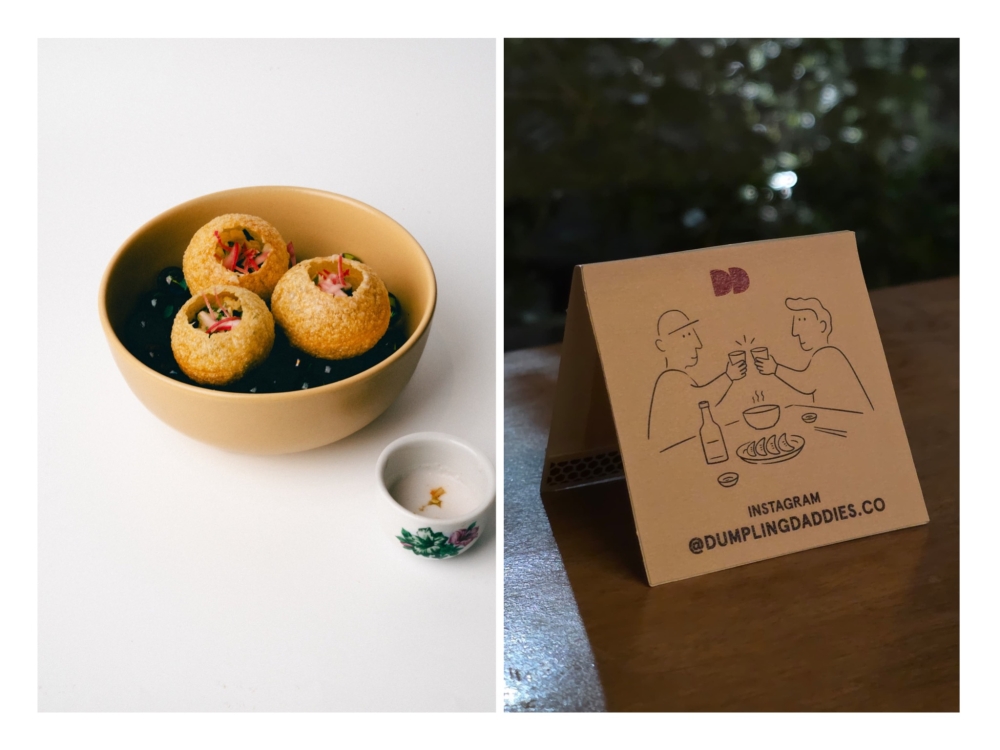 Crispy Puri Bombs with Snapper Umai (left) offered the perfect one-bite combination of crunch and freshness. Cheers to Dumpling Daddies (right) for a fun party of dumplings, salads and grilled items.— Pictures by Dou Dou Bake and Ryonn Leong