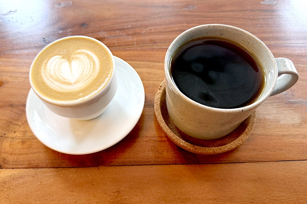 A small flat white and a filter coffee at Sweet Blossom. 