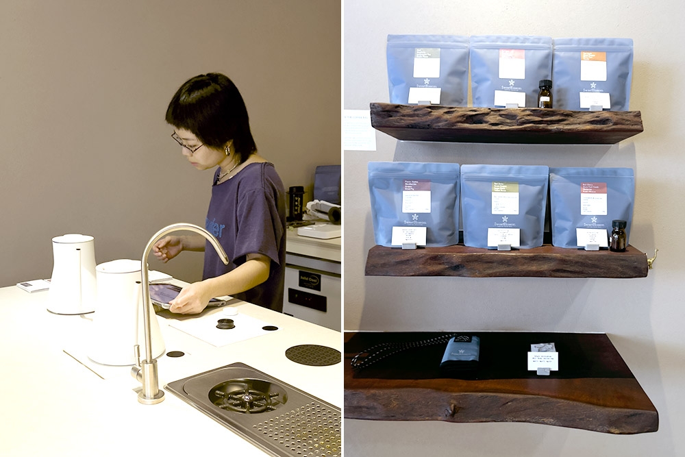Barista and bags of coffee beans at Sweet Blossom. 