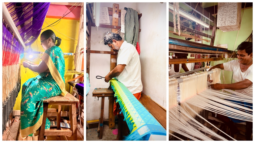 Weavers in Kanchipuram, India, work a pure silk saree thread by thread on a traditional wooden handloom. A single Kanjivaram saree can take anywhere from one to several weeks to complete, depending on the intricacy of the design. Pattushastra sources its pieces directly from master weavers like them, with the sisters making frequent trips to bring this heritage to Malaysia and help keep the tradition alive.