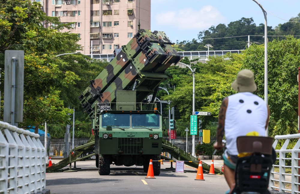 A Taiwanese military Patriot missile system is deployed at a local park during the annual Han Kuang military exercise in New Taipei City on August 6, 2026. — AFP pic