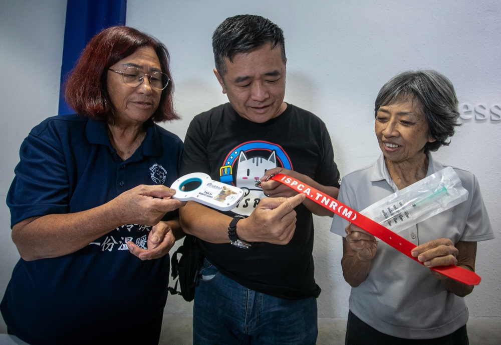 (From left) Furkids Haven chairman Irene Boey, ISPCA chairman Ricky Soong and independent feeder Peggy Vong show the equipment used for procedures on stray animals in Ipoh. — Bernama pic
