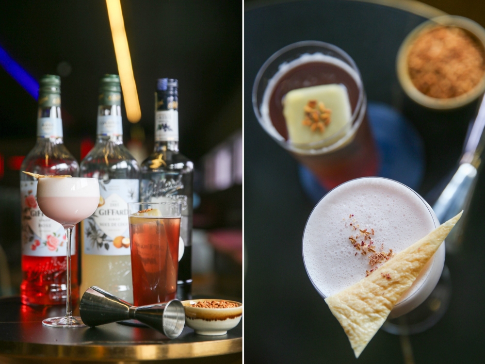 The pair of drinks: ‘Grain Potential’, a highball built on toasted glutinous rice cordial, dry vermouth and soda, with Giffard crème de cassis and a measure of vodka, and ‘You’ll Be All Rice’, cardamom rice milk with sake and vodka, rounded out with Giffard rose and coconut syrups. — Picture by Choo Choy May