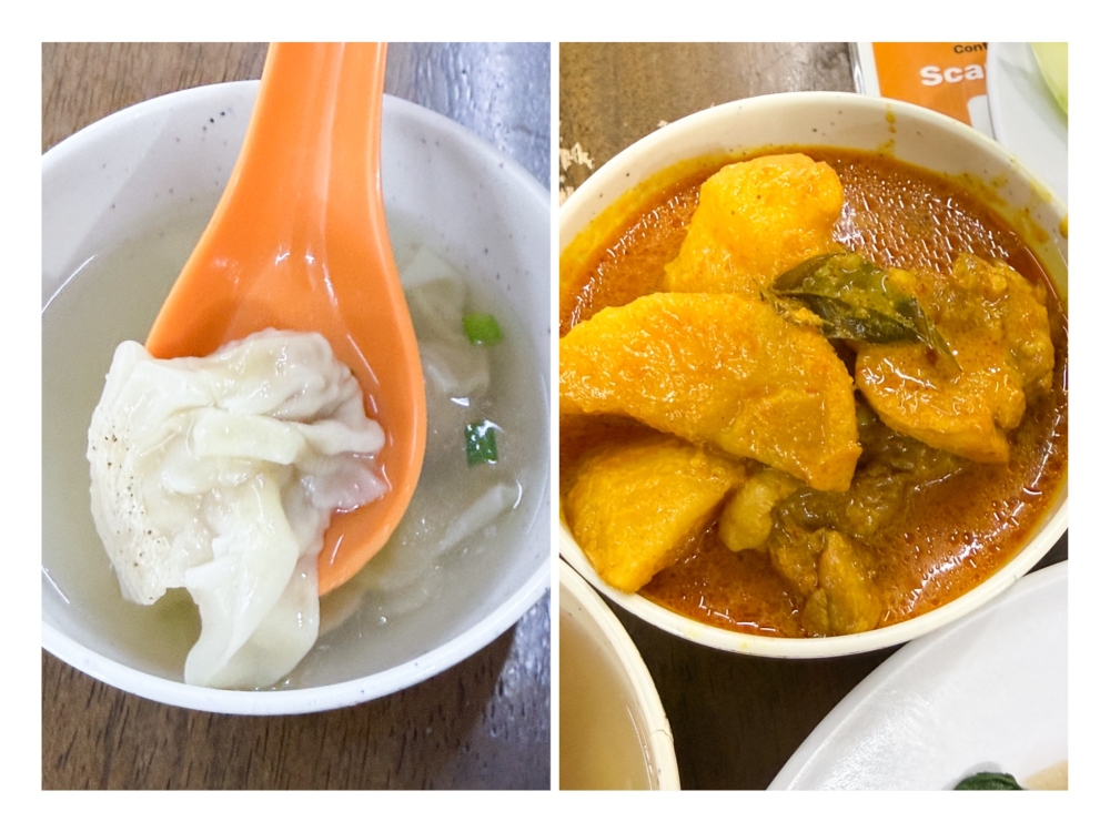 ‘Wantans’ (left) are well stuffed with minced pork. Chicken curry (right), featuring potatoes and chicken can be paired with your noodles . — Pictures by Lee Khang Yi