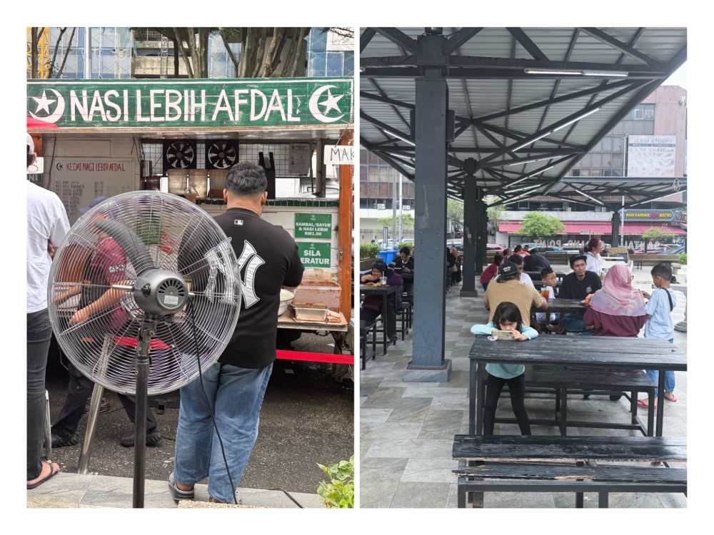 Join the correct queue (left) at Nasi Lebih Afdal. Limited seats (right) are available at the open space next to the parked food truck — Pictures by Lee Khang Yi