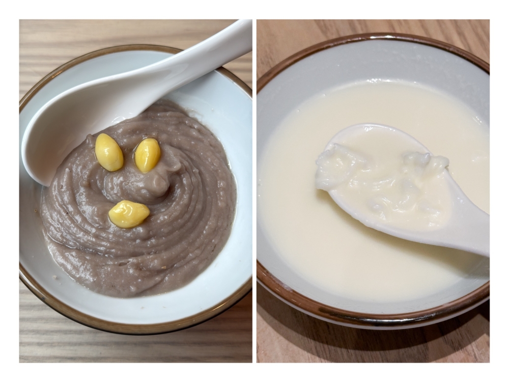 Teochew Yam Paste with Gingko Beans (left) has smooth yam paste served without lard.  Freshly Ground Almond Cream with Egg White (right) is the best dessert choice. 