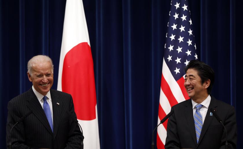 US Vice President Joe Biden (left) and Japan's Prime Minister Shinzo Abe exchange smiles during a joint news conference following their meeting at the prime minister's official residence in Tokyo December 3, 2013. u00e2u20acu201d Reuters pic