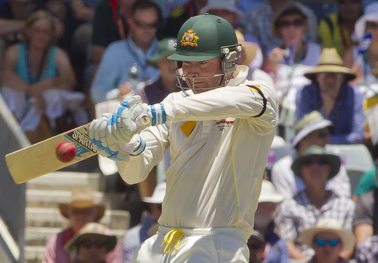 Australian batsman captain Michael Clarke cuts a ball off the England bowling on the first day of the third Ashes cricket Test match in Perth on December 13, 2013. u00e2u20acu201d AFP pic