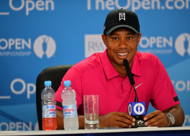 US golfer Tiger Woods attends a press conference at Muirfield golf course in Gullane in Scotland, on July 16, 2013. u00e2u20acu201d AFP pic