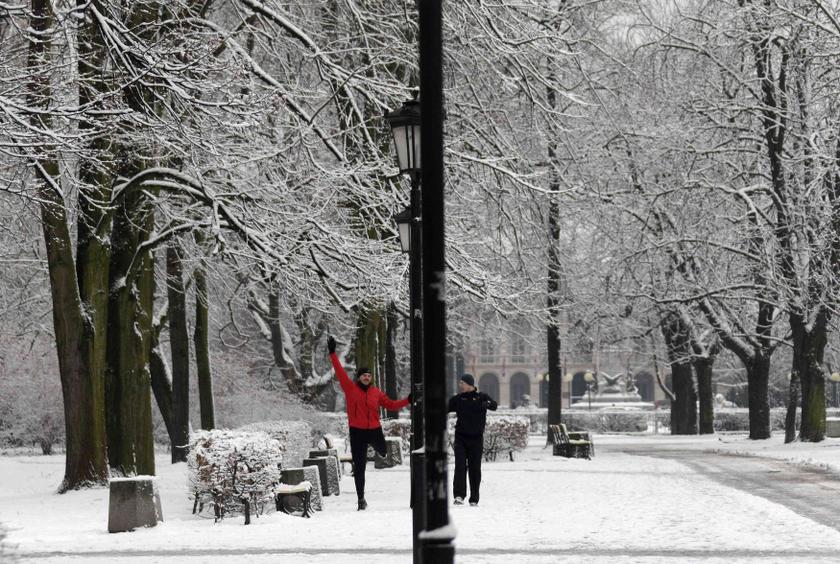 Men train during a jogging session at a park covered by first snow of the year in the centre of Warsaw January 17, 2014. u00e2u20acu201d Reuters pic