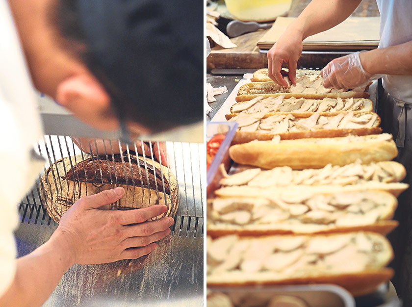 Ask for your bread to be sliced (left). Layering ingredients for their delicious sandwiches (right)