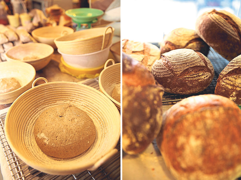 Once the bread is shaped, it is left to ferment in these banneton or wicker baskets (left). Seigle au levain or rye sourdough loaves (right)