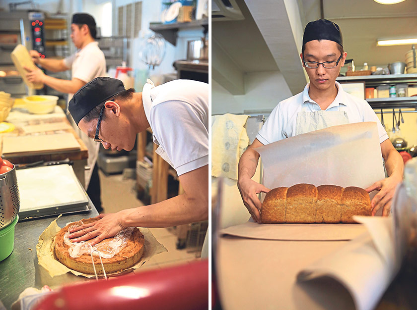 The bakery also sells quiche, tarts and cake (left). Wrap your preservative-free breads and store them in the freezer (right)